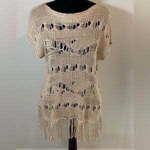 Anthropologie Willow And Clay Top Womens XS Boho Crochet Open Knit Fringe Hippie